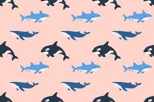 Seamless marine pattern with sharks and whales on pink background. Great for ocean-themed prints, decor and kids design vector