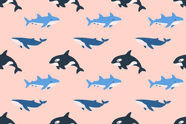 Seamless marine pattern with sharks and whales on pink background. Great for ocean-themed prints, decor and kids design