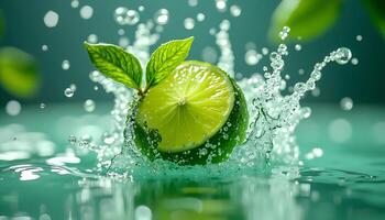 Fresh Lime Slice Dropping Into Water with Mint Leaves Splashing photo