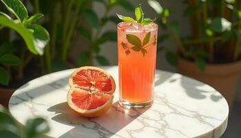 Refreshing Grapefruit Cocktail with Mint Garnish on Marble Table photo