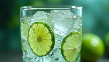 Refreshing Lime Drink with Ice Cubes in Glass on Blurred Background photo
