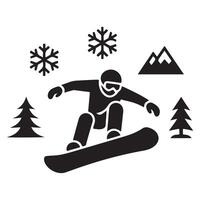 Snowboarding Silhouette with Nature Elements and Snowflakes vector