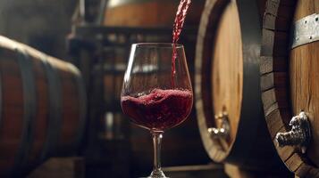 Red wine pouring into a glass, in front of wooden barrels photo