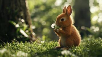 Fluffy baby rabbit in forest, eating tiny flowers. Sunlight filters through trees photo