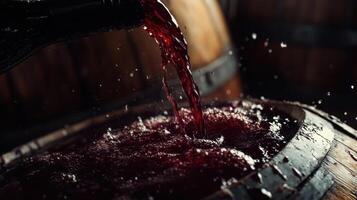 Red wine pouring into a wooden barrel photo