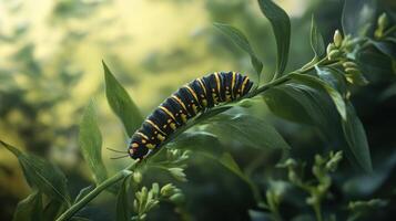 Black and yellow caterpillar on a plant stem photo