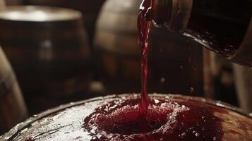 Dark red liquid pouring from a metal container into a wooden barrel photo