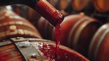 Red wine pouring into wooden barrel photo