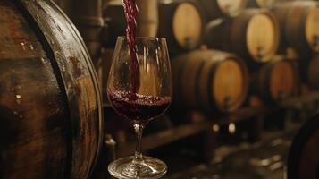 Red wine being poured into a glass in a wine cellar photo