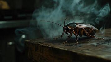 A large cockroach on a dark wooden surface, smoke billows around it photo
