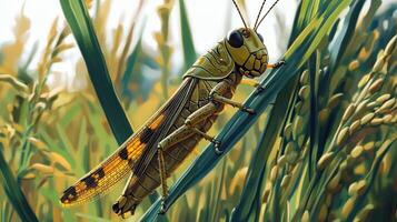 Close-up of a golden grasshopper on a blade of rice photo