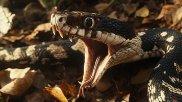 Close-up of a snake with open mouth. A venomous-looking snake, black and white patterned, lies on the forest floor, its jaws agape. Sunlight filters through the foliage photo