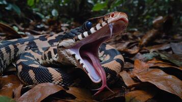 Close-up of a snake with open mouth, revealing tongue photo