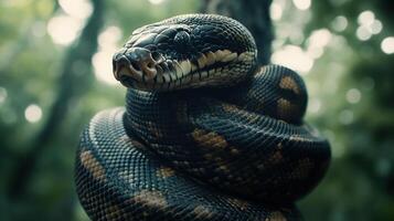 Close-up of a coiled snake on a tree trunk in a lush forest photo