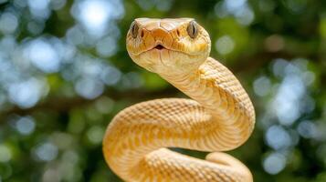 Close-up of a coiled, light yellow snake's head and neck, facing the camera. Blurred green foliage in background photo