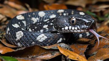 Close-up of a snake coiled among fallen leaves. Black and white patterned snake with forked tongue extended. Natural, earthy tones photo