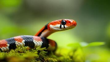 Close-up of a colorful snake in a lush, green forest setting photo