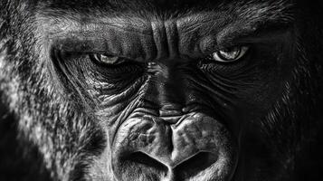 Close-up of a gorilla's face. Black and white, intense gaze photo