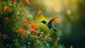 Hummingbird in flight, feeding on orange blossoms. Bright, vibrant colors. Soft focus bokeh background photo