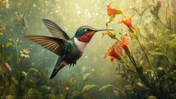 Hummingbird in floral garden, ethereal glow photo