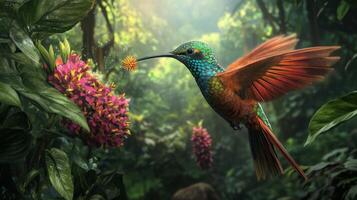 Vibrant hummingbird in lush jungle photo