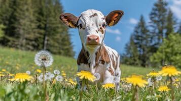 Cute calf in meadow, surrounded by dandelions photo