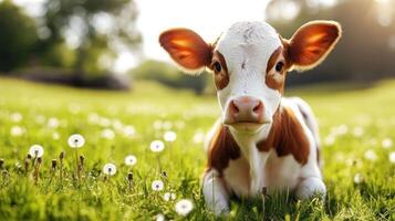 Cute calf in a grassy field, summer sun photo