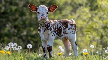 Young calf in dappled white and brown coat photo
