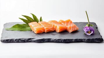 Fresh salmon sashimi slices on a slate plate, garnished with herbs and a violet flower photo