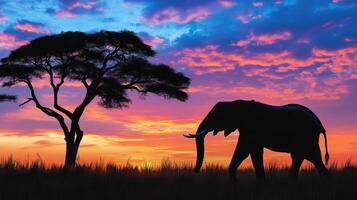 Silhouette of elephant at sunset in African savanna photo