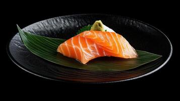 Two salmon sashimi slices on a black plate, garnished with wasabi, on a bed of bamboo leaf photo
