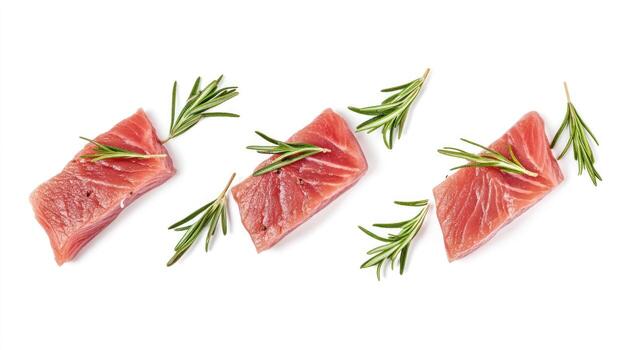 Three rectangular tuna steaks, each topped with sprigs of rosemary, arranged in a horizontal line against a white background photo