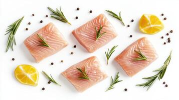 Four salmon fillets, arranged in a grid pattern, with fresh rosemary sprigs, lemon wedges, and peppercorns scattered around photo