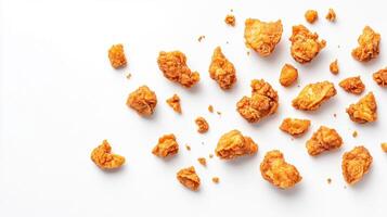 Crispy, golden-brown food pieces scattered on white background photo