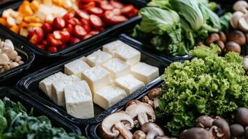 Assorted fresh produce in black plastic containers photo
