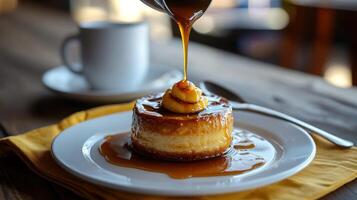 Sweet custard dessert topped with caramel photo