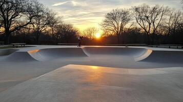 Skater at sunset in a concrete skatepark photo