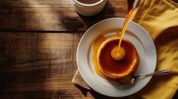 Creamy caramel custard poured over a dessert photo