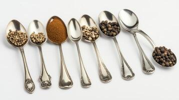 Seven antique spoons holding various spice types, including peppercorns and powder, arranged in a horizontal row against a white background photo