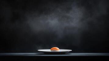 Single piece of salmon sushi on a white plate, bathed in dramatic lighting and smoke photo