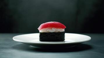 Single piece of sushi on a white plate. A slice of tuna sits atop rice photo
