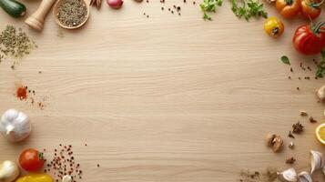 A light beige wooden surface, surrounded by various fresh produce and spices photo