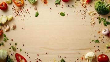 Colorful, fresh produce and spices arranged in a frame on a light wooden surface photo