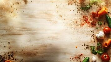 Fresh vegetables and spices on a light wooden surface, sunlit and slightly out of focus photo