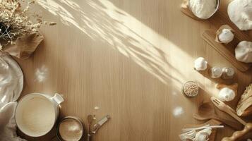 Sunlight streams onto a light wood kitchen table, adorned with baking supplies photo