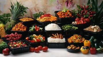 Assorted prepared foods in black containers, arranged in tiers. Fresh produce and vibrant colors photo