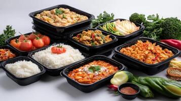 Assorted ready-made Asian meals in black plastic containers, featuring rice, vegetables, and proteins photo