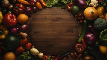 A round wooden cutting board centered amidst a vibrant array of fresh produce photo