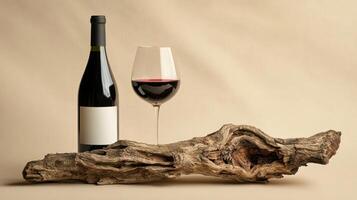 Still life with a bottle of red wine and a glass on a driftwood piece photo