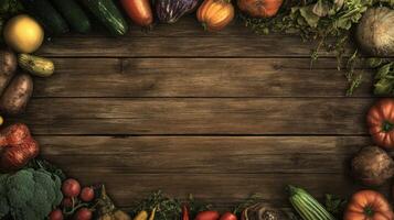 Colorful vegetables arranged in a border around a rustic wooden table photo